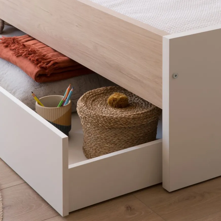 Enfant Banak Teo Lit superposé avec rangement blanc mat et naturel duna pour matelas de 90