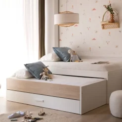 Enfant Banak Teo Lit superposé avec rangement blanc mat et naturel duna pour matelas de 90