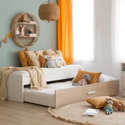 Enfant Banak Teo Lit superposé blanc mat et naturel duna pour matelas de 90x190