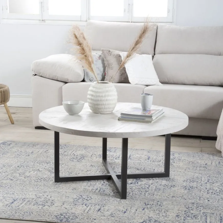 Banak Vera Table basse ronde en bois massif et métal