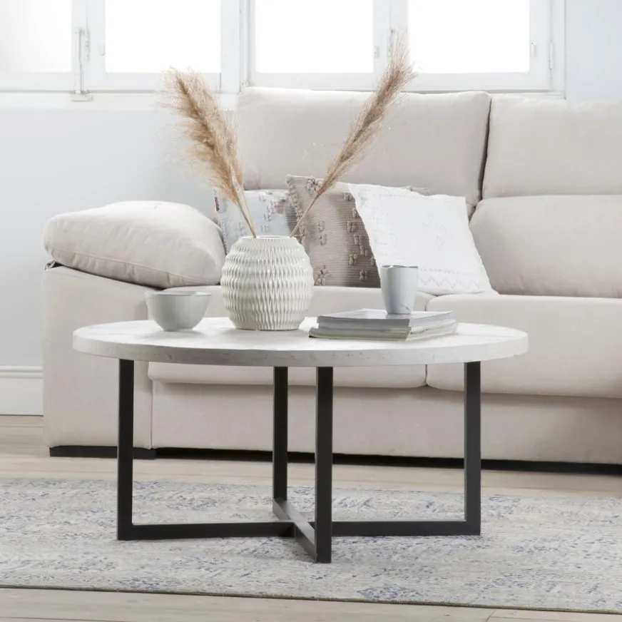 Banak Vera Table basse ronde en bois massif et métal